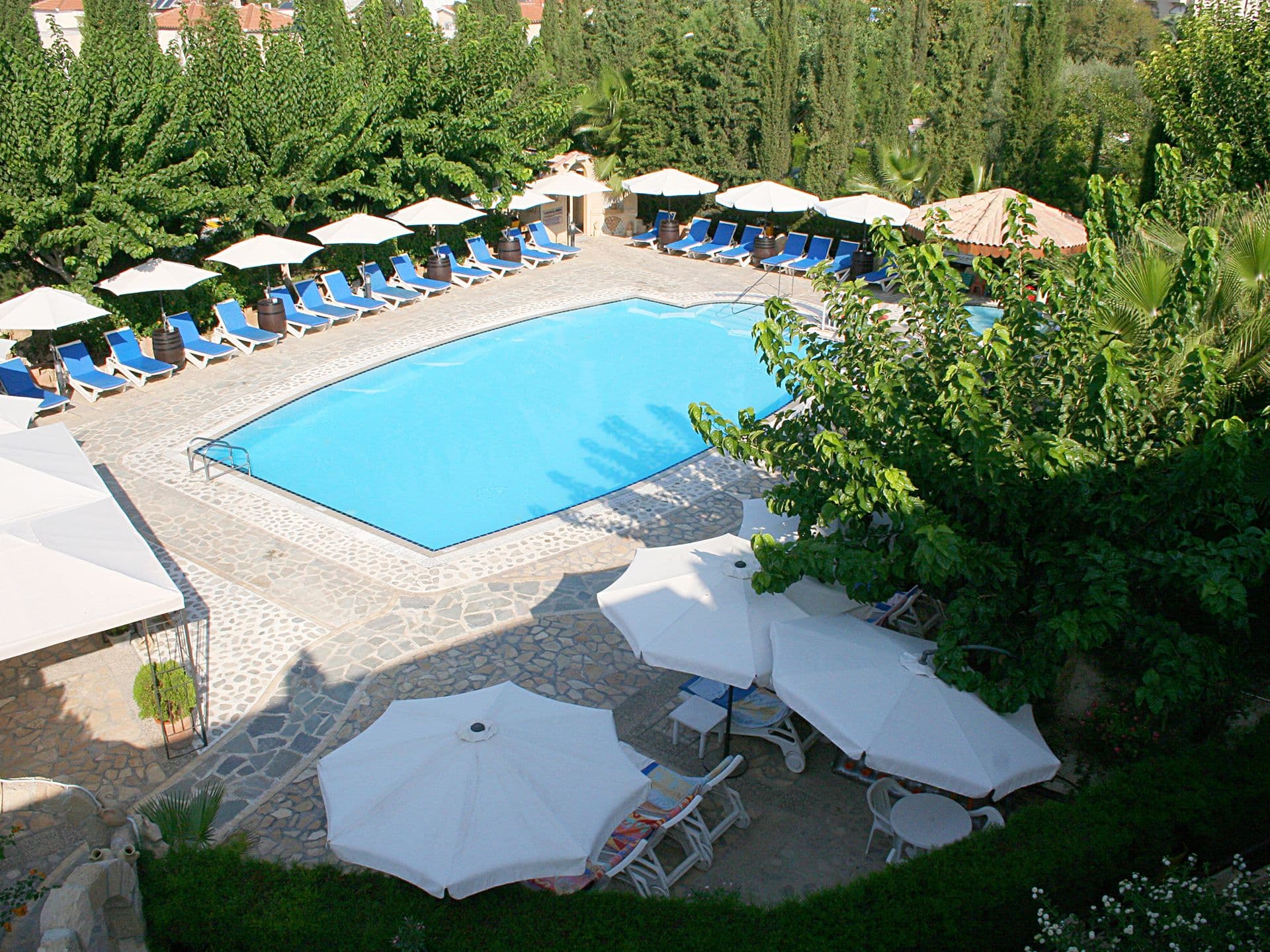 Aerial view of the pool and garden meets ultimate comfort, with ample sunbeds and a tranquil space to unwind.