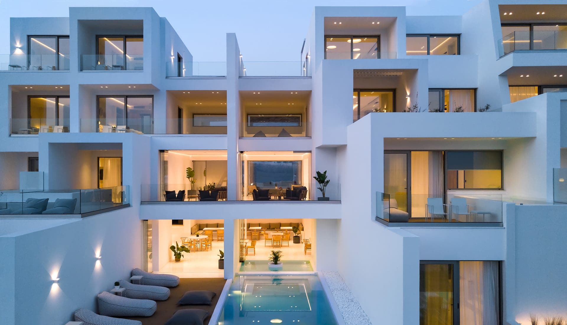 View of common swimming pool and balconies of all floors