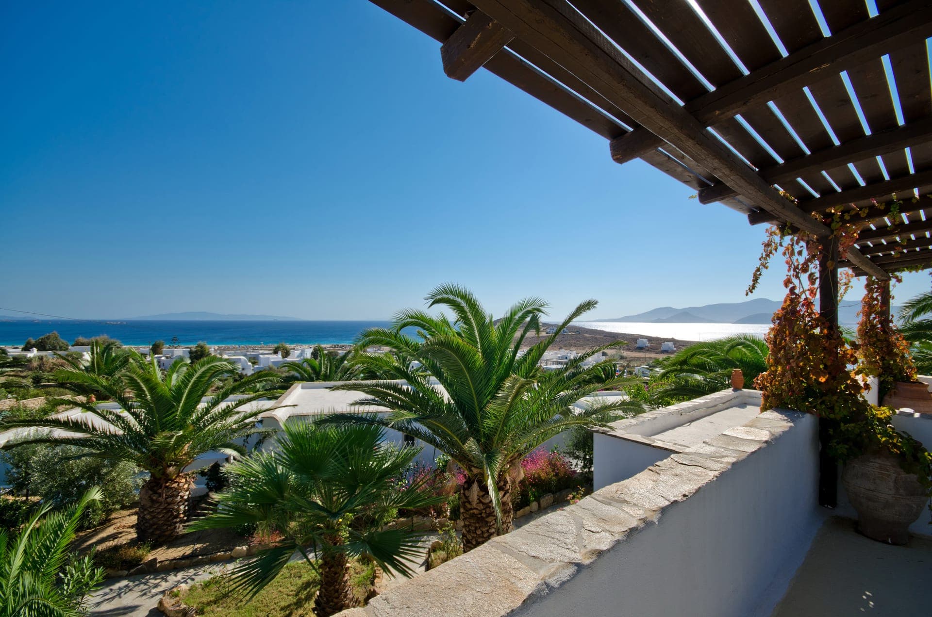 Superb sea views to Agios Prokopios beach from the roof terrace at Kavos Naxos