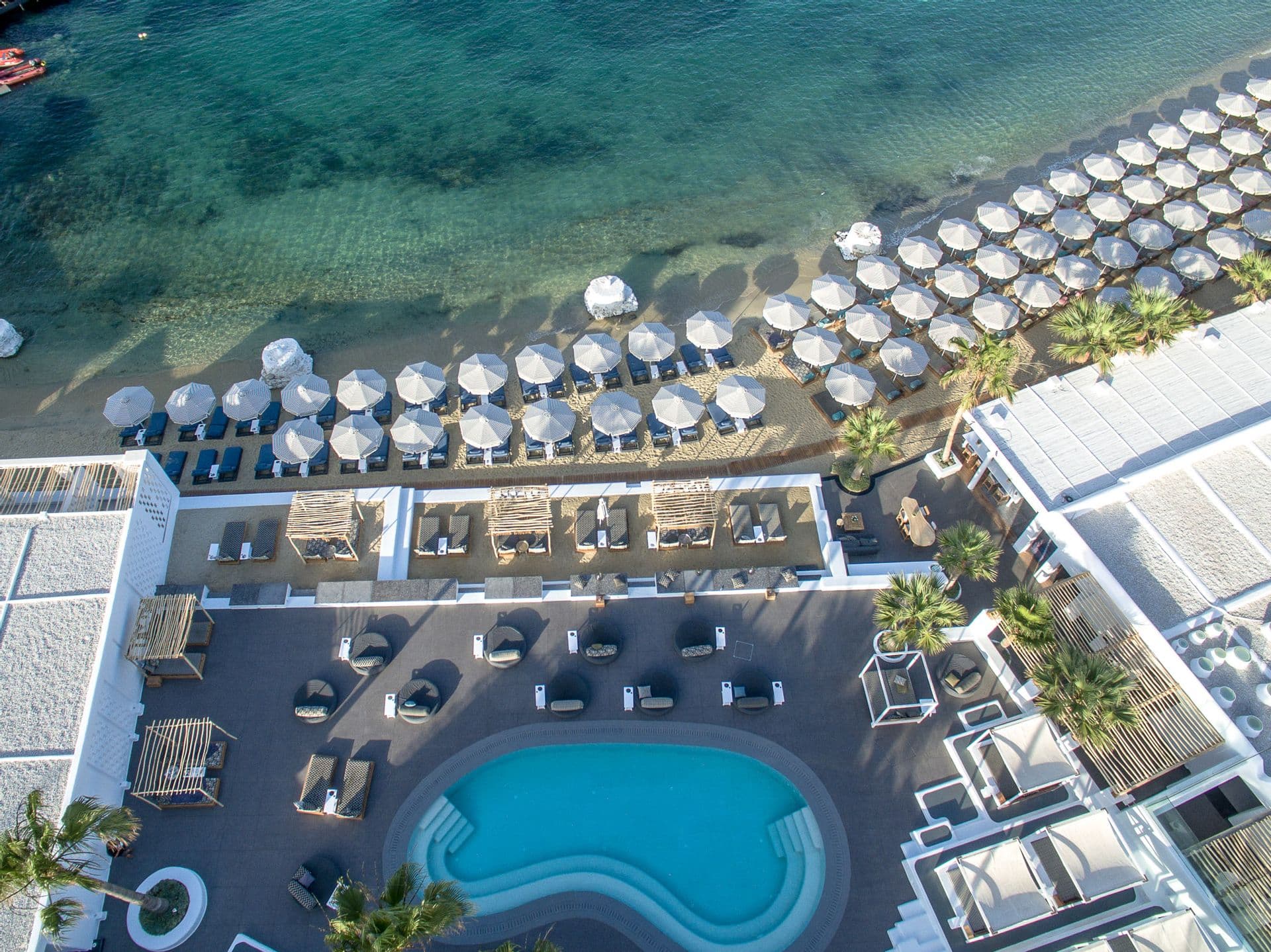 Mykonos Blanc Hotel,beachfront luxury experience. 
Exclusive sunbeds for the hotel guests.