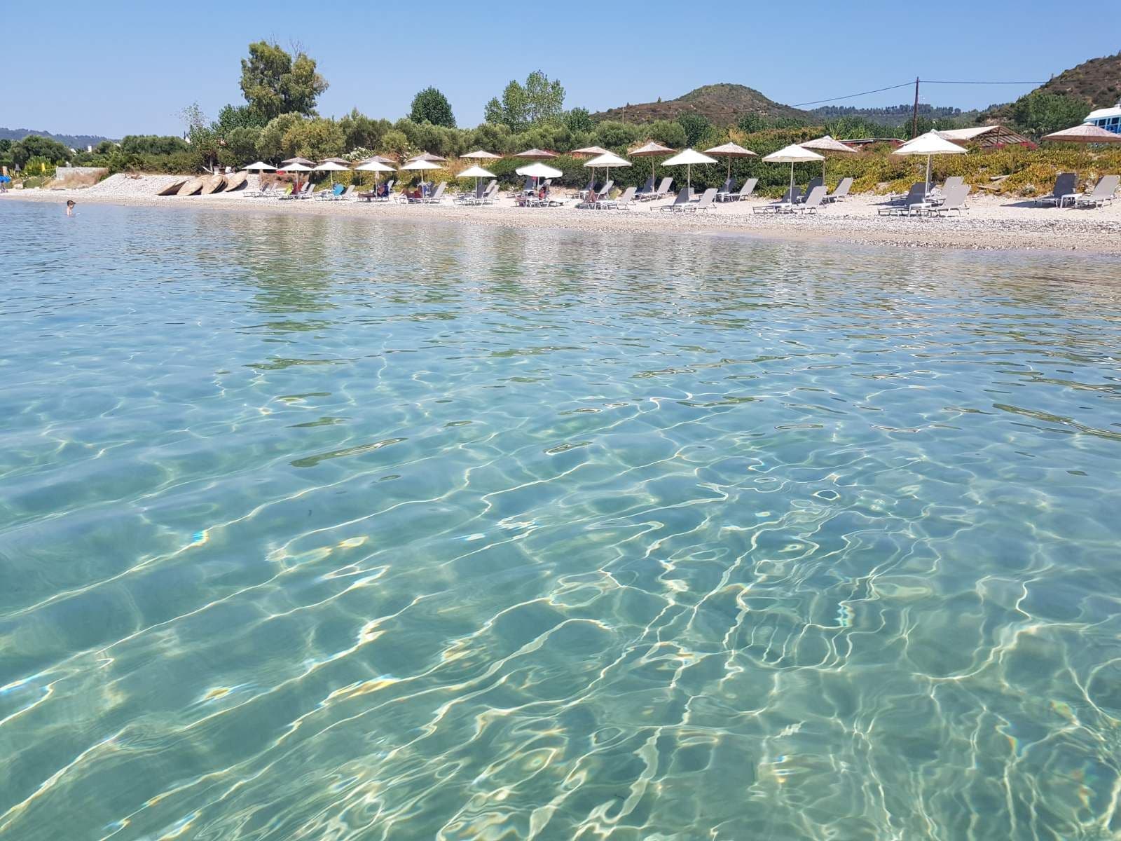 Beachfront hotel in Halkidiki with private beach, sun loungers, crystal-clear turquoise waters, and relaxing Mediterranean seaside atmosphere in Halkidiki, Greece.